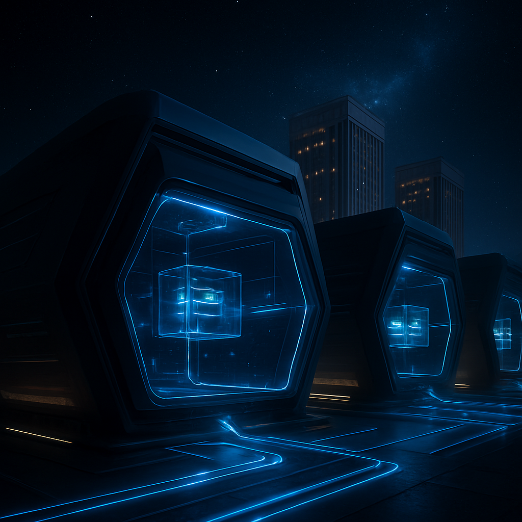 3D rendered campus of the Pinnacle Quantum Vaults with photonic fiber highways